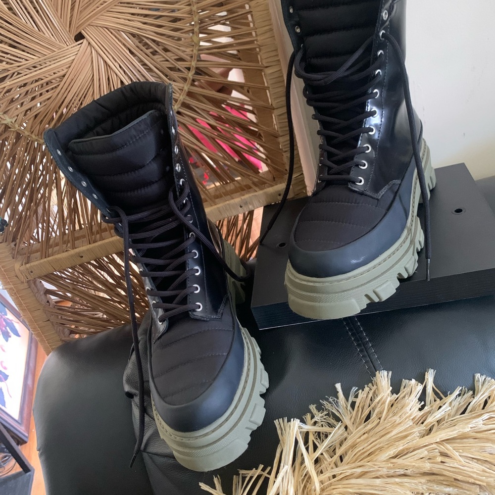 GANNI Quilted Nylon & Leather
 Black and Olive Combat Boots
Step out in style